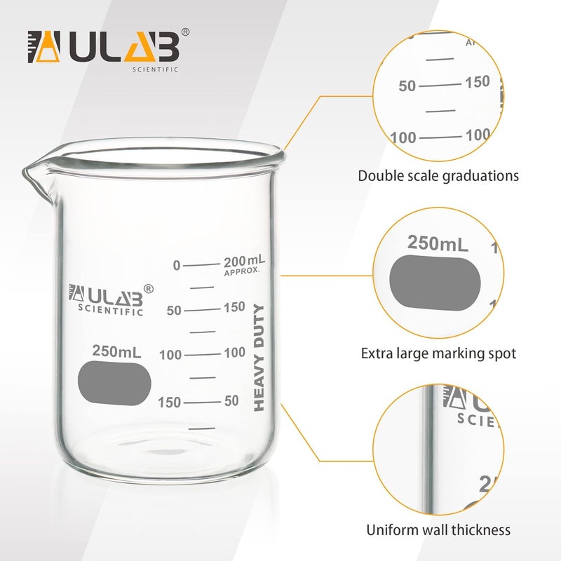ULAB Heavy Duty Glass Beakers, 10pcs of Vol.250ml(8.45oz), Borosilicate 3.3 Glass, Thick Wall Beakers, with Double Scale, Superior Durability & Chemical Resistance, UBG1056 - Image 3